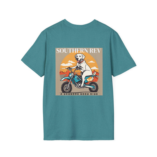 Southern Dog Riding Dirt Bike, back - Teal