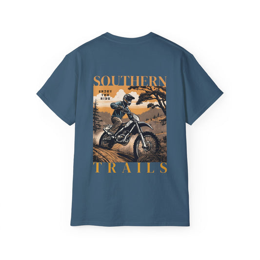 Southern trail riding moto outdoors, back_blue